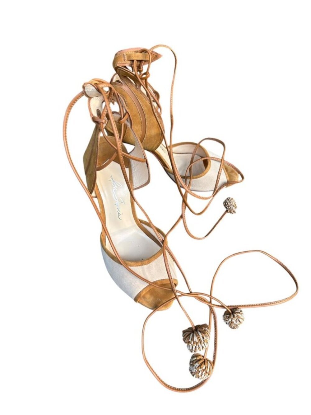 Isa Tapia Tan and Ivory Suede Lace Up Tasseled Ankle Strap Sandals Size 39